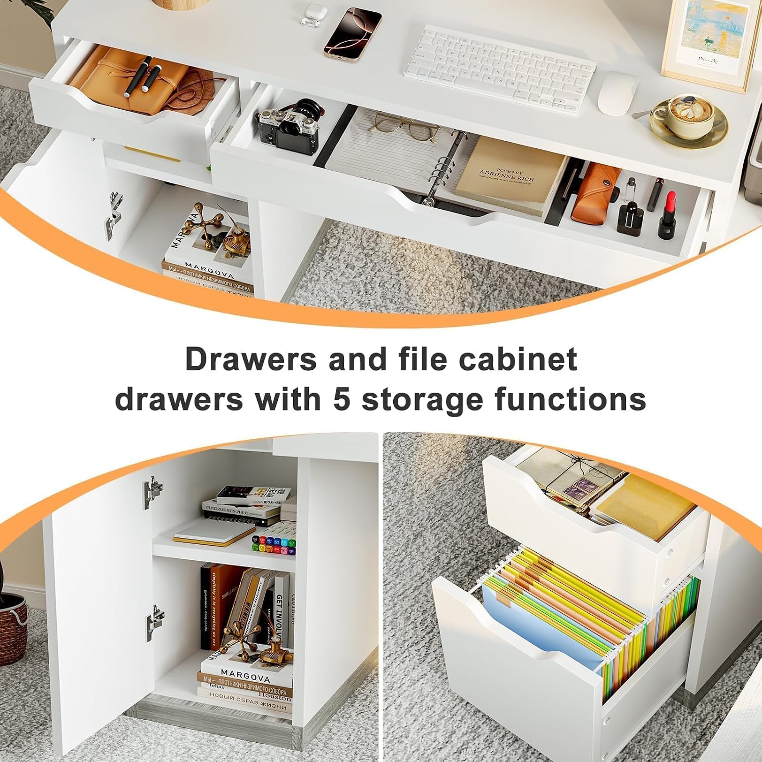 MaverickFurni Computer Desk with 4 Drawer & Storage Shelves, 58' White Office Desk with File Drawer & Cabinet, Small Study Desk with Monitor Stand & Printer Shelf for Bedroom, Small Spaces, White