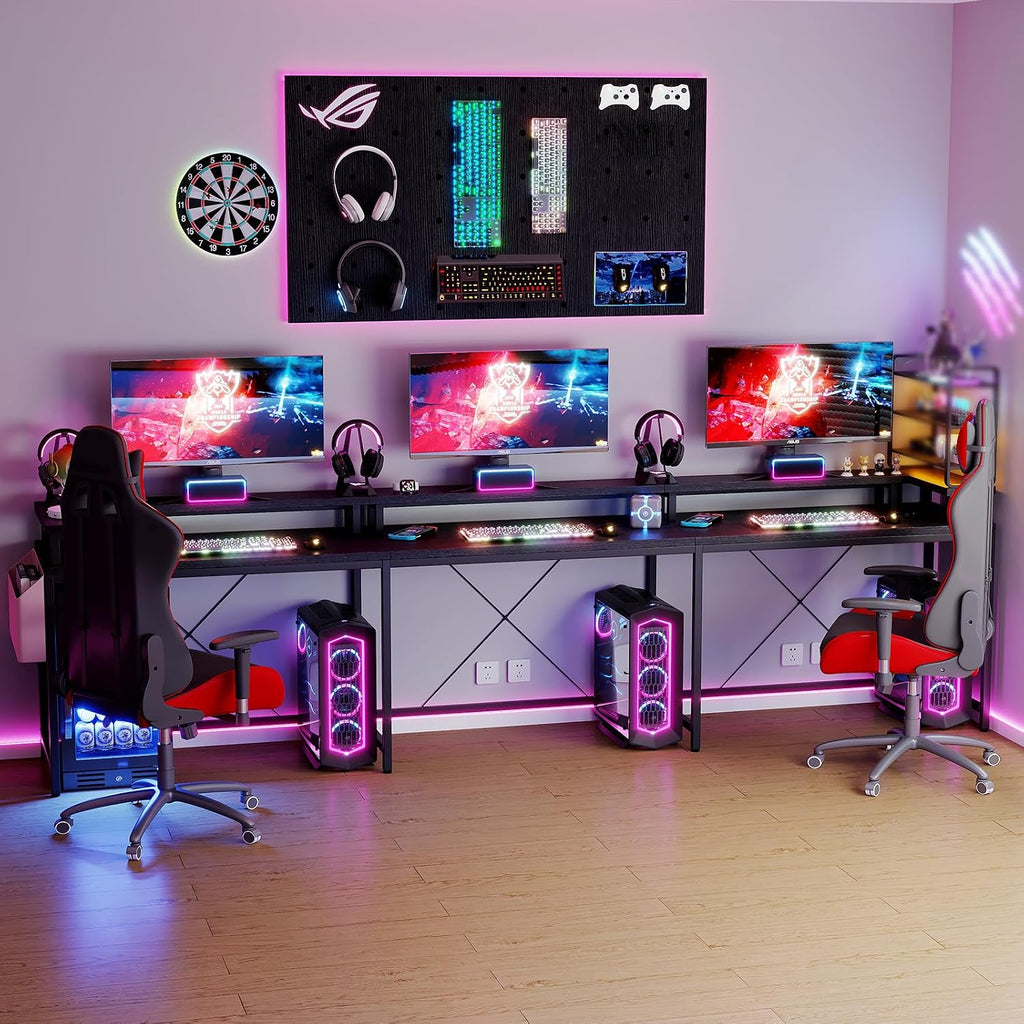Patikuin U Shaped Desk with Power Outlets, USB Ports & RGB LED Lights, 79 Inch Large Corner Computer Desk with Monitor Stand, Reversible Gaming Desk for Home Office, Ergonomic Workstation (Black)