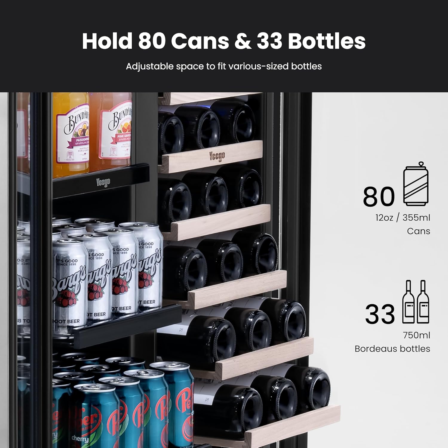Yeego Wine and Beverage Refrigerator, 30 Inch Dual Zone Wine Fridge with Glass Door, 36-72℉ Beer Cooler Holds 33 Bottles and 80 Cans, Built-In or Freestanding Beverage Cooler for Home Bar Office
