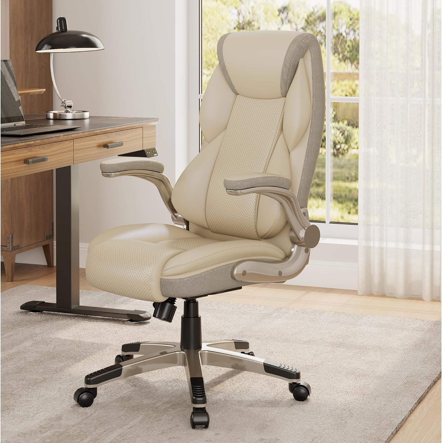 EUREKA ERGONOMIC Galene Executive Office Chair Flip Up Arm Rest, Ergonomic Desk Chair Faux Leather Computer Chair, High Back Office Chair with Headrest, Home Office Desk Chairs with Wheels, Beige