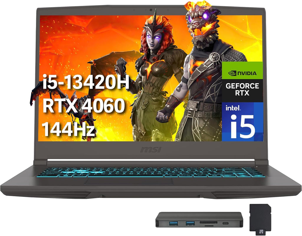 msi Thin 15 15.6' FHD 144Hz Gaming Laptop, Intel i5-13420H, 32GB RAM, 2TB PCIe SSD, NVIDIA GeForce RTX 4060, Backlit Keyboard, Webcam, Win 11 Pro, Gray, 256GB Docking Station Set