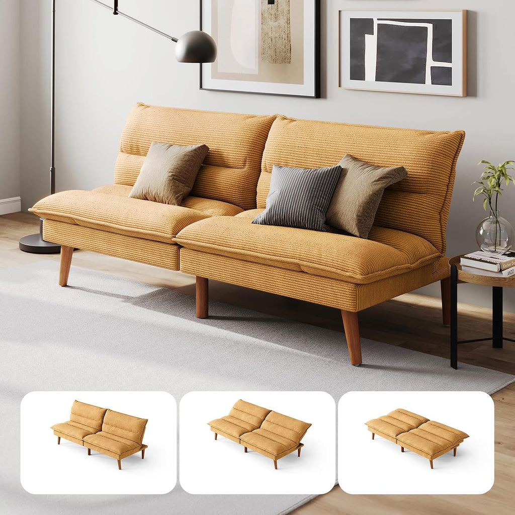 LINSY HOME Futon Sofa Bed - Convertible Corduroy Futon Couch Bed with Adjustable Backrest, Modern Small Loveseat Sleeper Sofa for Small Spaces, Living Room, Apartment or Office (Yellow)