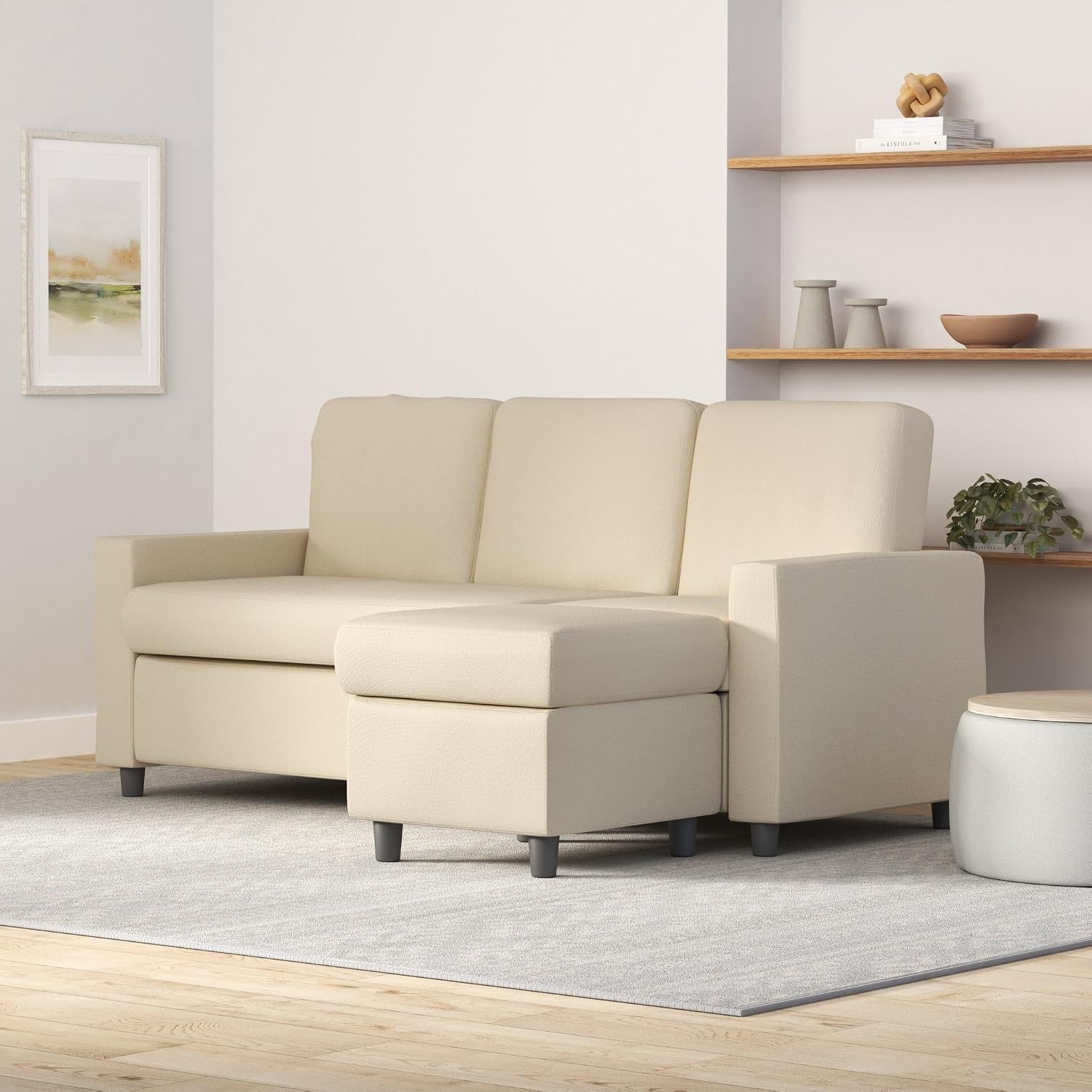 Best Choice Products Upholstered Sectional Sofa for Home, Apartment, Dorm, Bonus Room, Compact Spaces w/Chaise Lounge, 3-Seat, L-Shape Design, Reversible Ottoman Bench, 680lb Capacity - Ivory