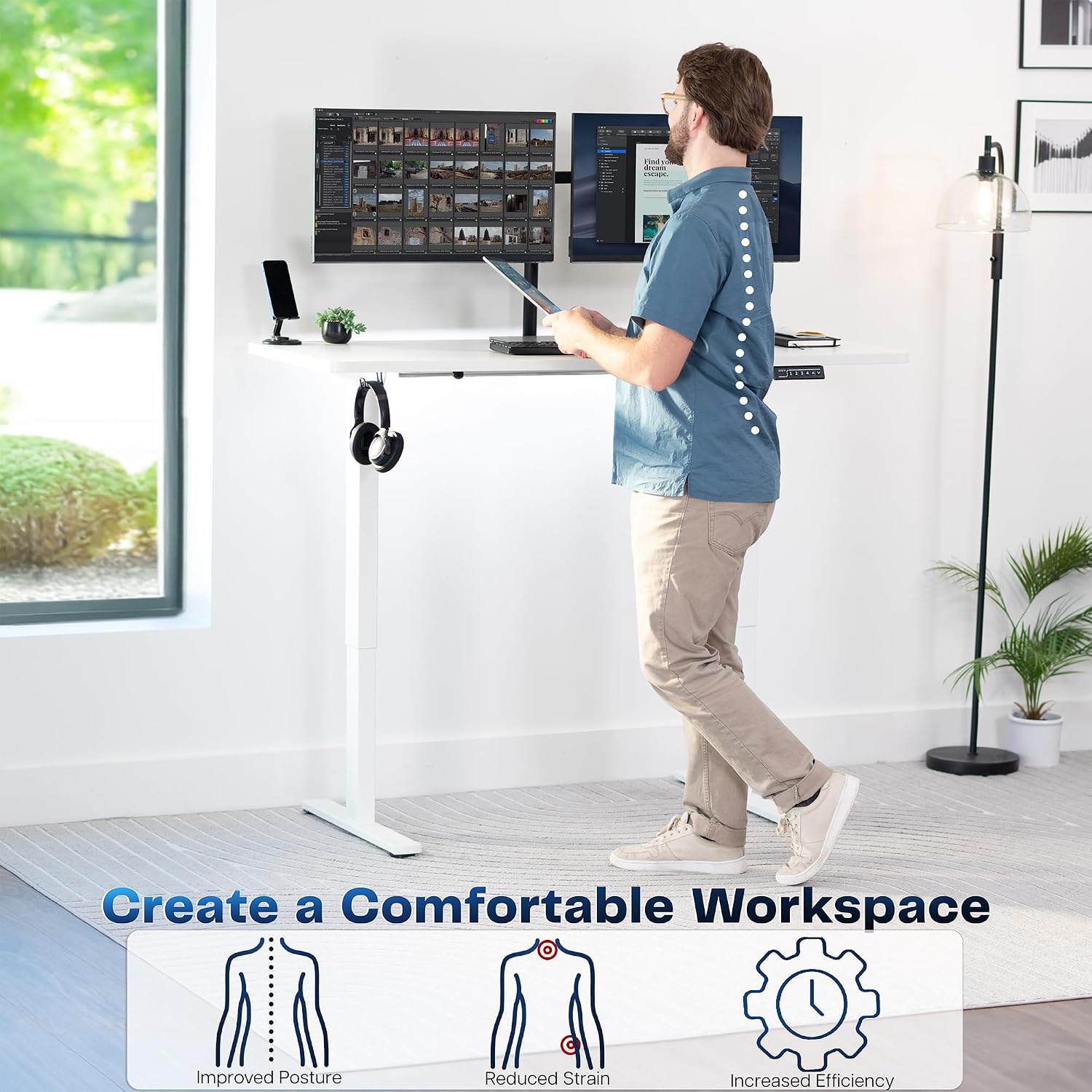 VIVO Electric 60 x 24 in Standing Desk, Memory Height Adjustment, 1B Series, Holds 220 lbs, One-Piece White Top, White Frame, DESK-KIT-1W6W