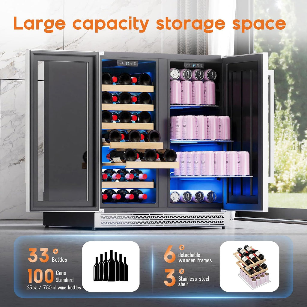 Albott 30 Inch Wine and Beverage Refrigerator, 37–64℉ Dual Zone Wine Cooler with Digital Temperature Control, Built-in or Freestanding for Home or Bar, Holds 33 Bottles 100 Cans Beer, Soda, Champagne