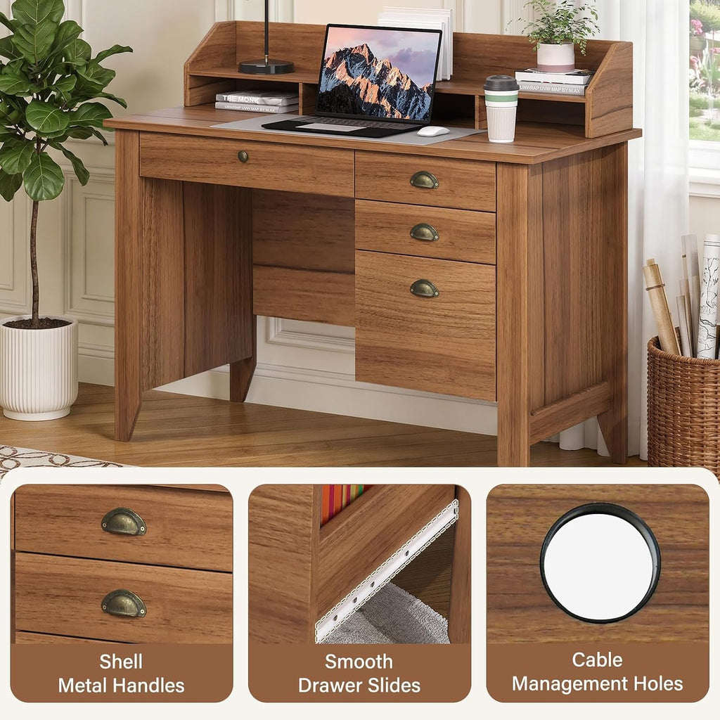 4 EVER WINNER Small Desk with Drawers, 47'' Wooden Desk with Monitor Stand and File Drawer, Computer Desk with Storage for Bedroom, Living Room, Small Spaces, Walnut