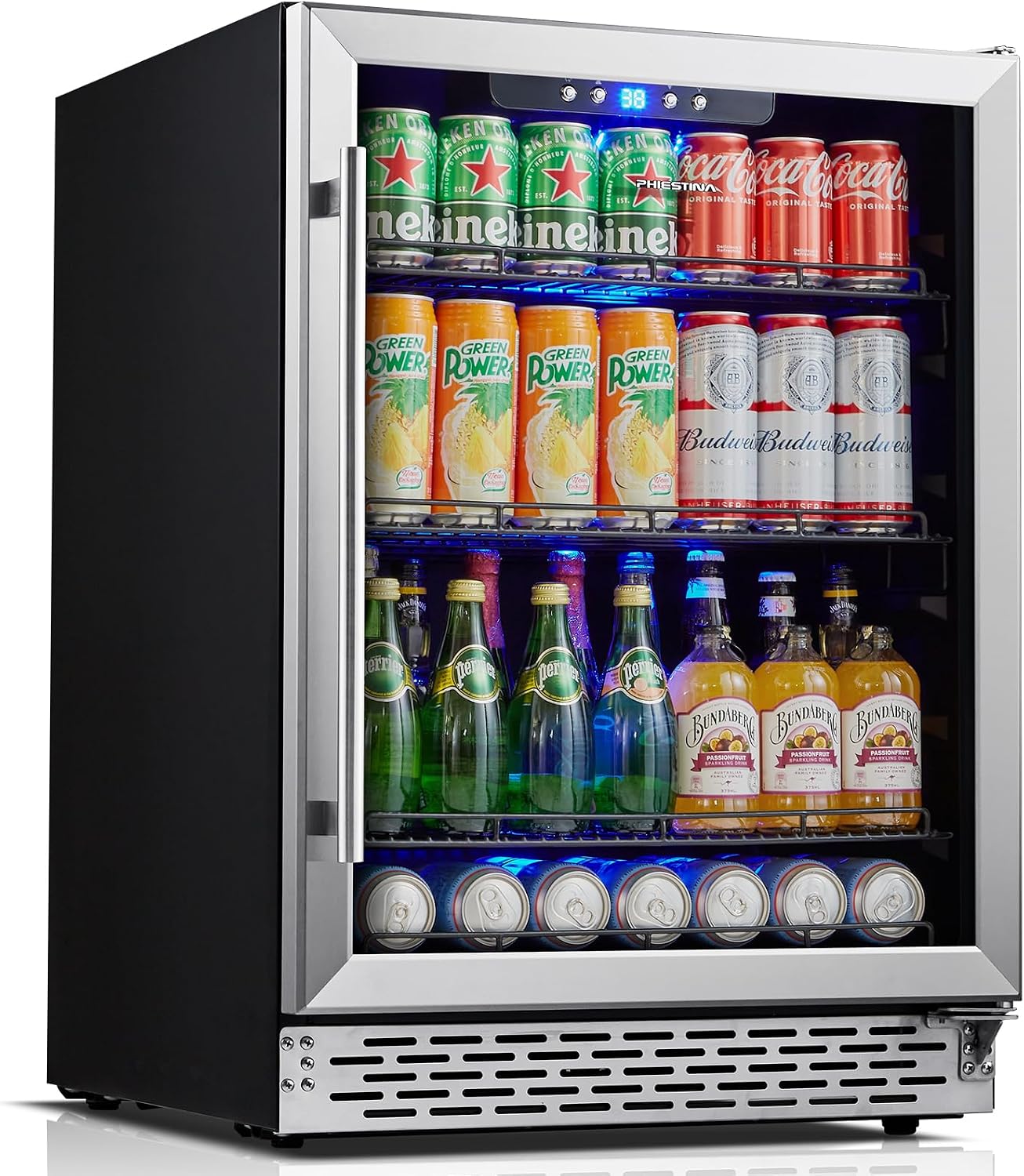 Phiestina Beverage Refrigerator 175 Cans Under Counter Beer Cooler 24 inch Quiet Built-in or Freestanding Beverage Fridge Glass Door Auto Defrost 5 Removable Shelves for Home Bar Office