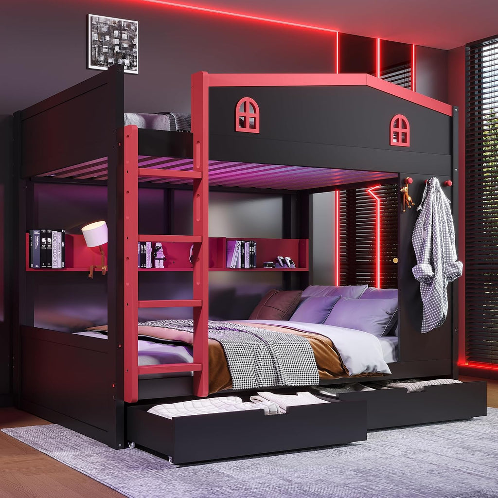 Queen Over Queen Bunk Bed with Storage Drawers, Hooks and Storage Shelves, Solid Wood Bunk Beds for Kids Teens, Bedroom Space-Saving Furniture (Black+Red/D)