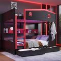 Queen Over Queen Bunk Bed with Storage Drawers, Hooks and Storage Shelves, Solid Wood Bunk Beds for Kids Teens, Bedroom Space-Saving Furniture (Black+Red/D)