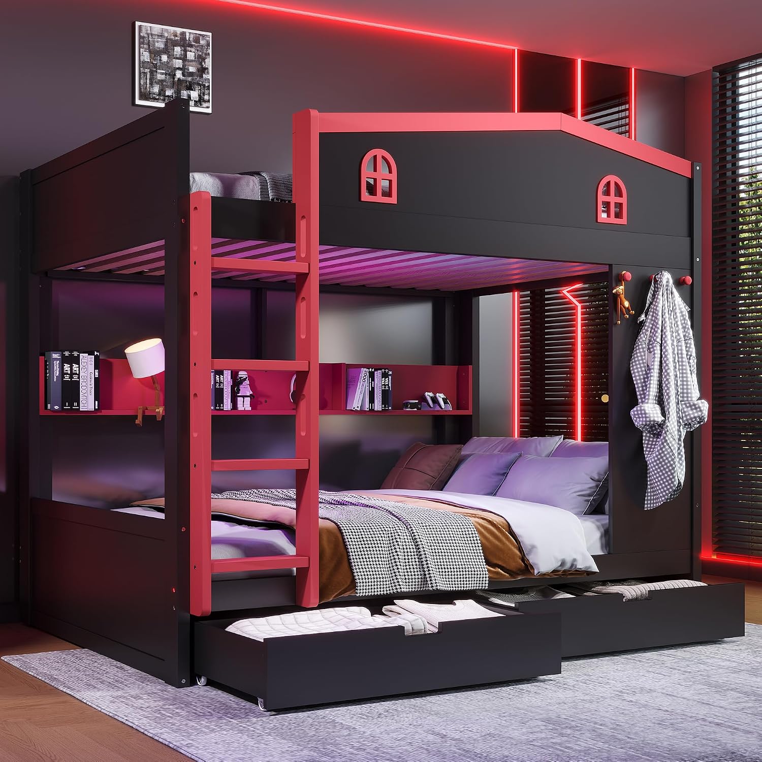 Queen Over Queen Bunk Bed with Storage Drawers, Hooks and Storage Shelves, Solid Wood Bunk Beds for Kids Teens, Bedroom Space-Saving Furniture (Black+Red/D)