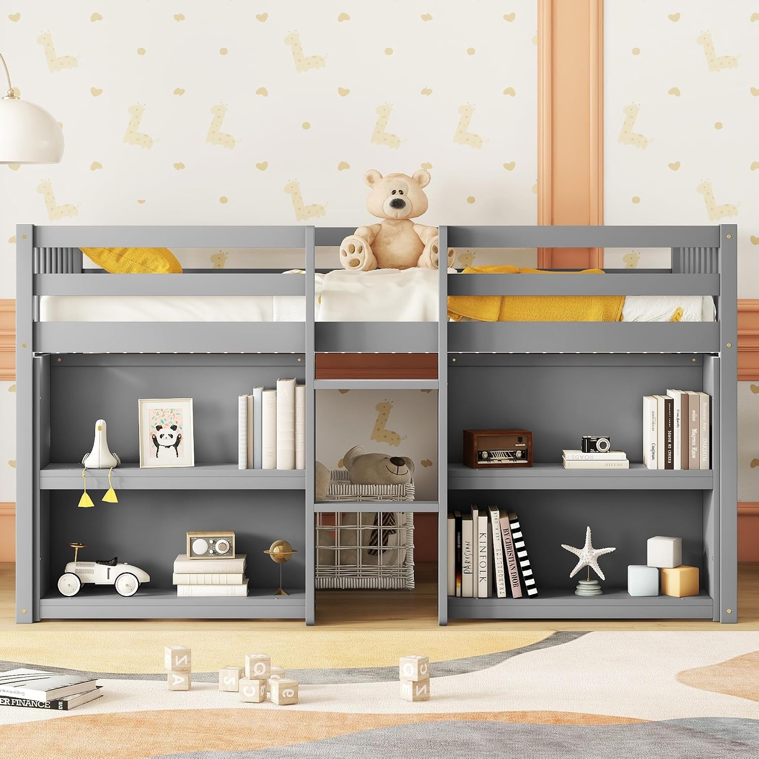 SOFTSEA Twin Size Low Loft Bed with 2-Tier Shelves and LED Light, Wood Loft Bed Frame with Guardrails for Kid, Gray