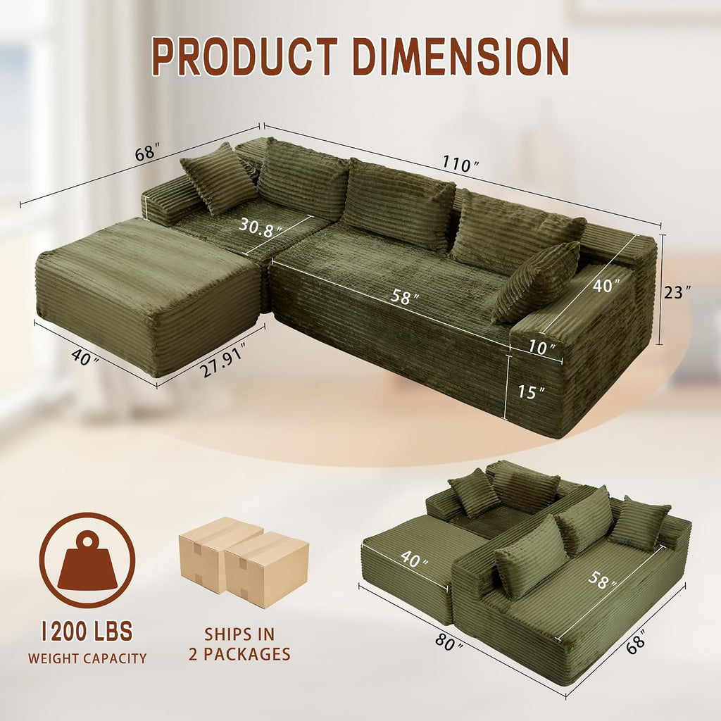 Korser 110' L-Shaped Modular Sectional Sofa with Chaise, Boneless Comfy Corduroy Fluffy Couch with Deep Seat and Side Pockets, Flexible Module Combination for Living Room, No Assembly, Side Pockets