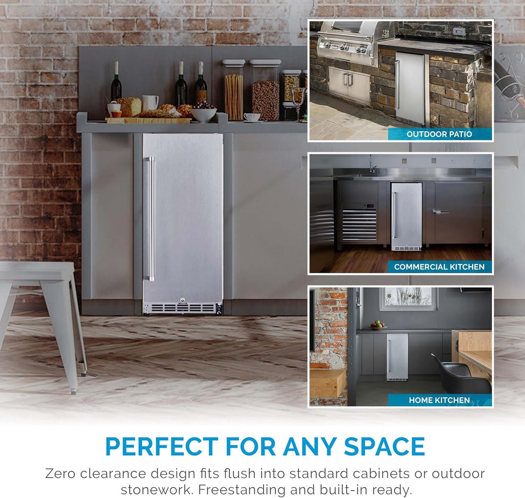 NewAir 15' Commercial Built-in or Under Counter Refrigerator | 3.2 Cu. Ft. Weatherproof Outdoor Fridge for Patio, Indoor & Commercial Use | Stainless Steel