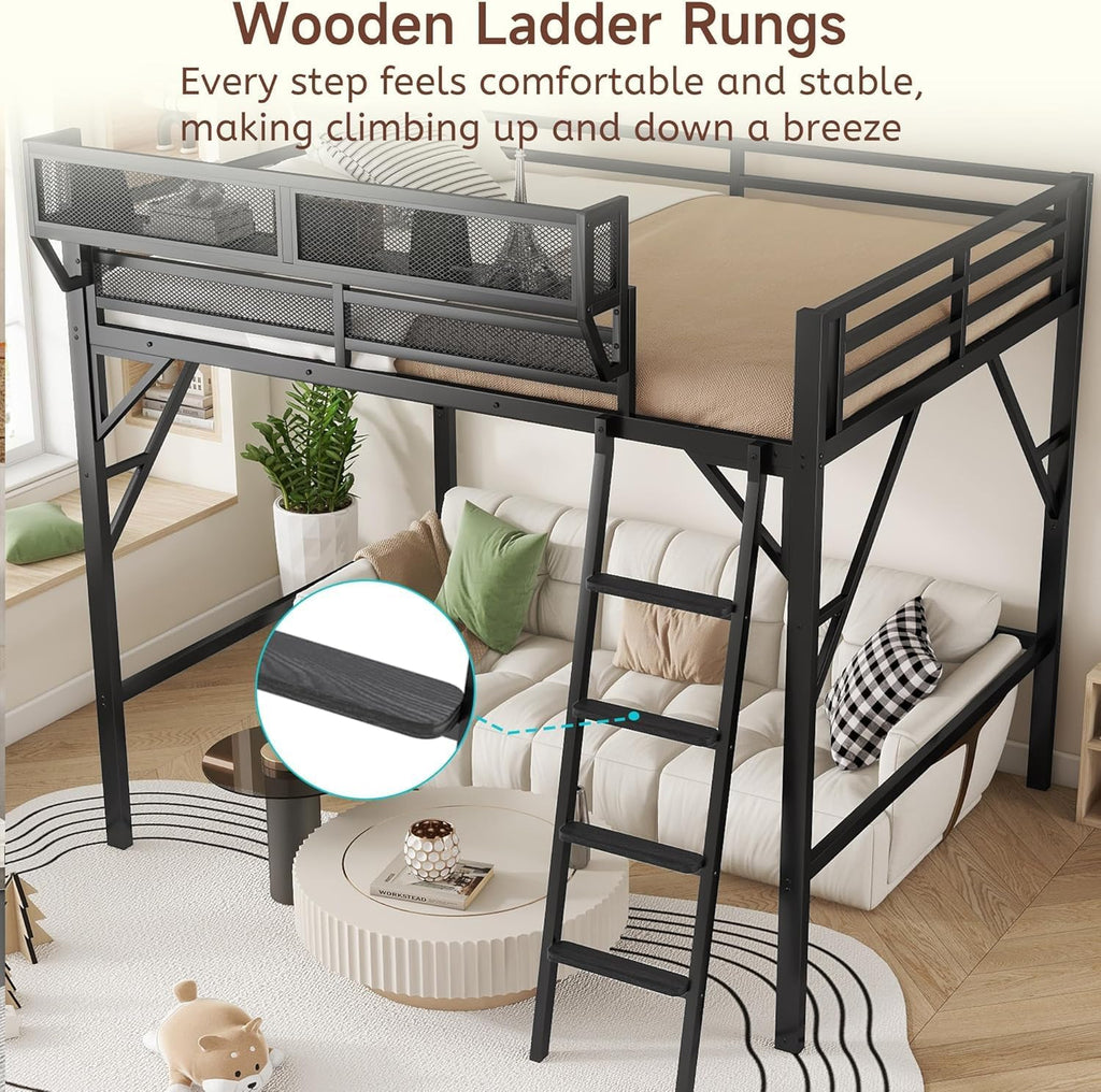 Mirightone Full Size Loft Bed with Storage, Metal Loft Beds with Upper Shelf, High Loft Bed Frame with Ladder, Lofted Full Bed for Kids and Teens, No Box Spring Needed (Black)