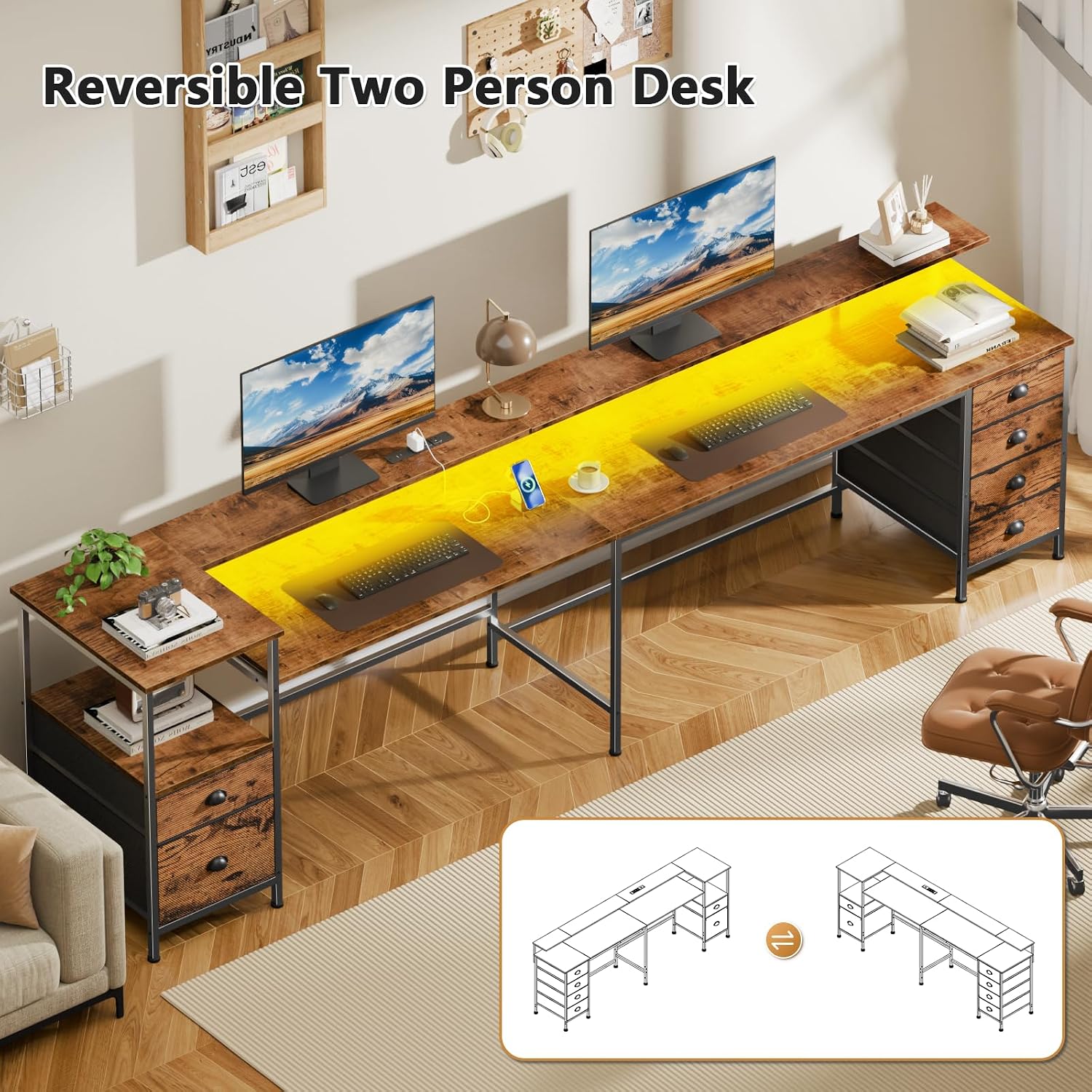 Furologee 95' Two Person Computer Gaming Desk, Long 2 Person Home Office Desk with 6 Drawers & Storage Shelves, Double Table with Power Outlets, LED Lights and Full Monitor Shelf, Rustic Brown