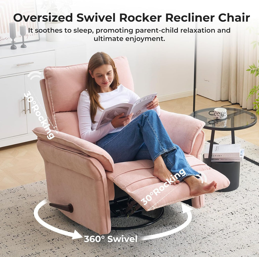 Oversized Recliner Chair, 26' Extra Wide 360° Swivel Rocker Recliner with Adjustable Headrest, Chenille Glider Rocking Nursery Chair with Overstuffed Armrest, Lumbar Support, Pink