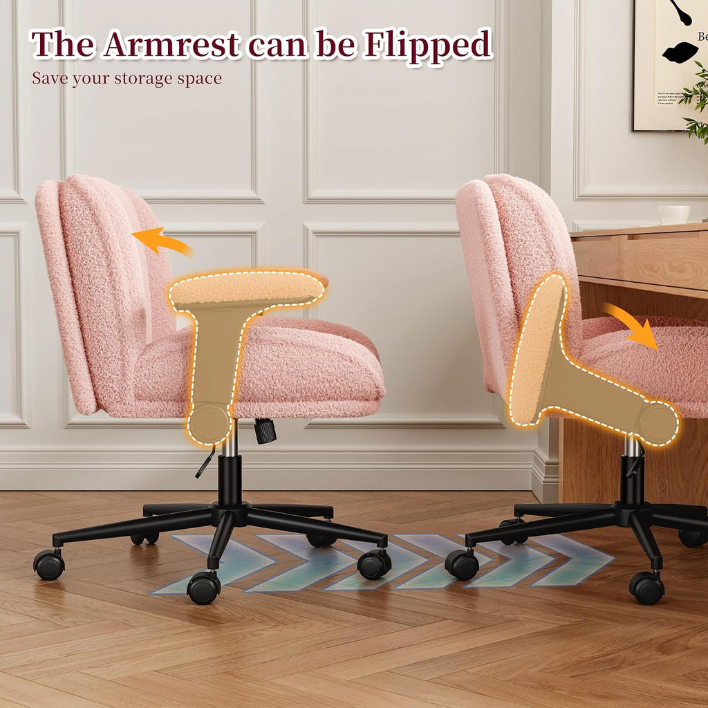 DurayLoly Criss Cross Chair with Wheels,Flip Up Arms,Wide Seat,Teddy Fleece,Adjustable Height,Cross Legged Desk Chair for Bedroom, Dorm,Home Office,Pink