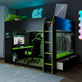 Merax Wood Loft Bed with Height-Adjustable Desk,Drawers,Storage Compartments,Hanging Rod and RGB Lights, Full Size, Green