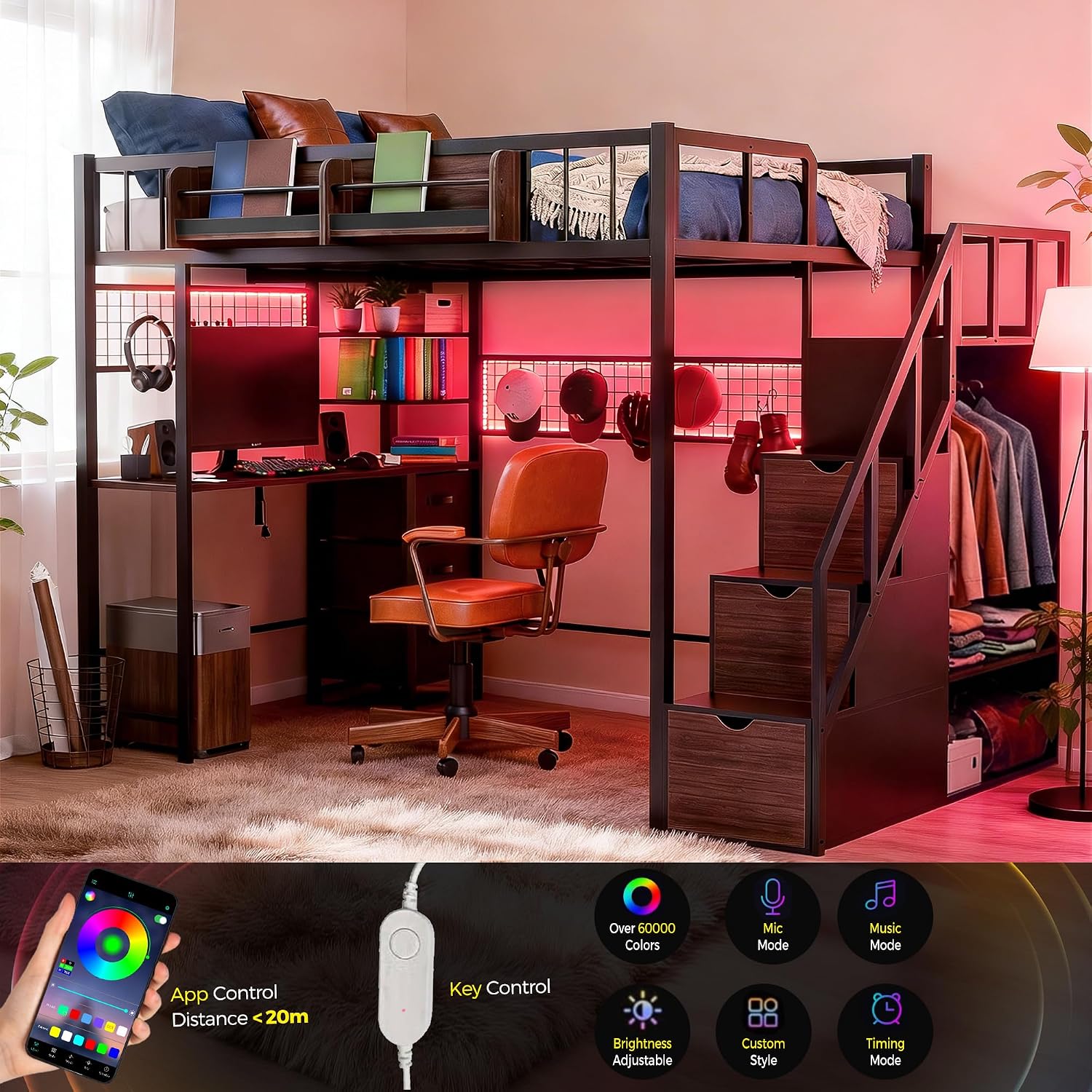 Kikihouse Twin Loft Bed with Desk, Storage Stairs & Wardrobe, Metal Loft Bed Frame w/Headboard, Bedside Shelf, Charging Station & 6 Drawers, LED Gaming Bed for Adult Space-Saving, Black & Walnut
