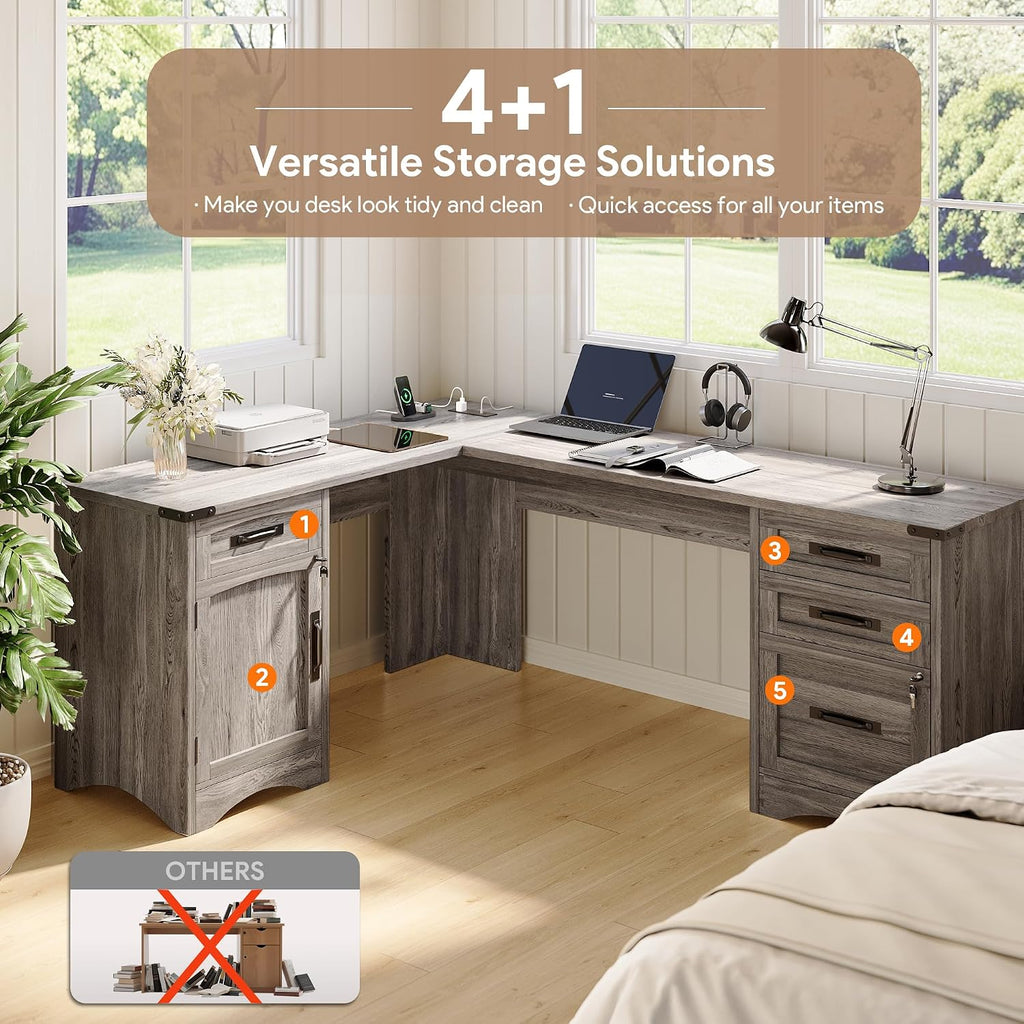 Decofy L Shaped Farmhouse Executive Desk with Drawers, 67' Home Office Desks with Fast Charging Station, Lockable File Cabinet, Wood Writing Computer Desk for Work, Study, Grey