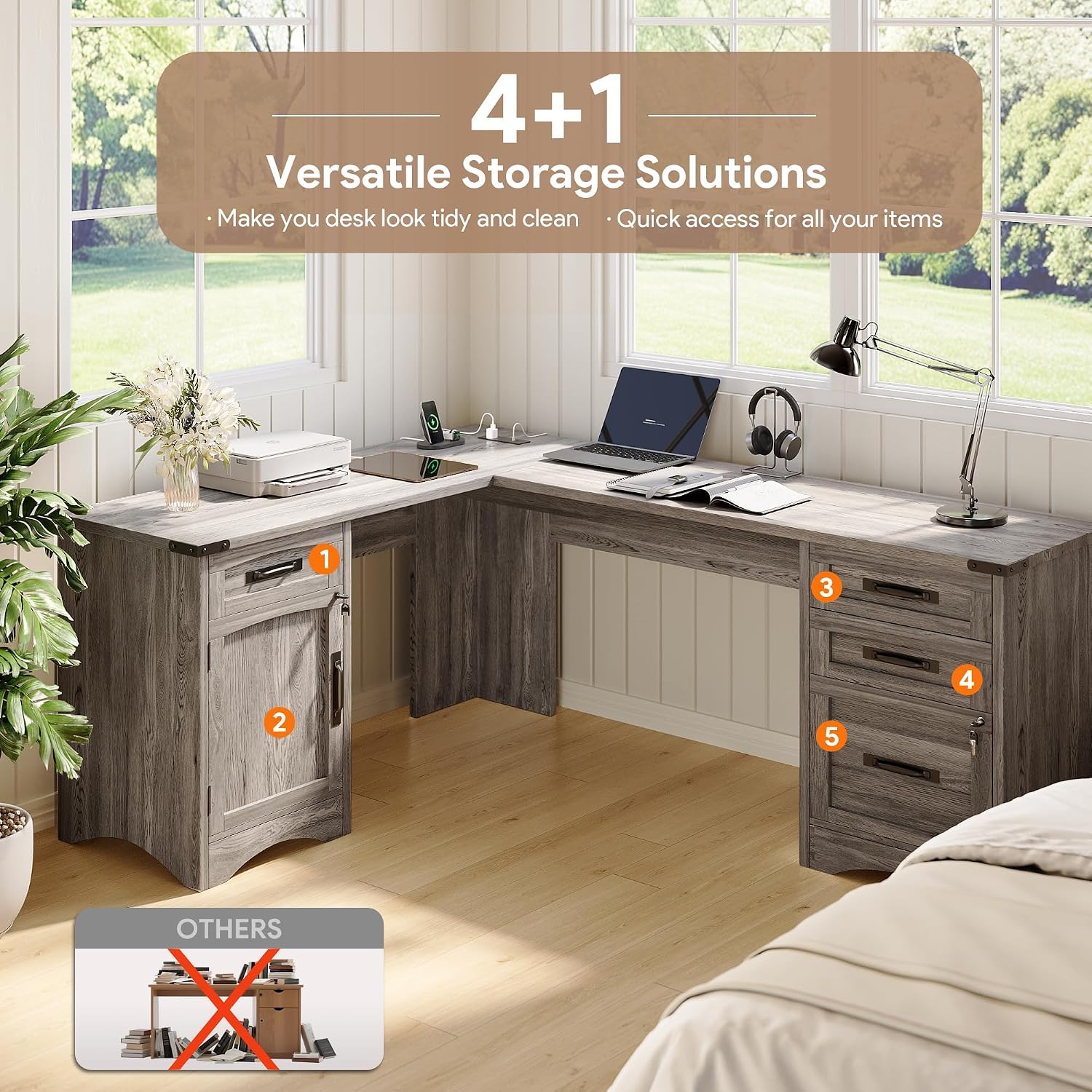Decofy L Shaped Farmhouse Executive Desk with Drawers, 67' Home Office Desks with Fast Charging Station, Lockable File Cabinet, Wood Writing Computer Desk for Work, Study, Grey