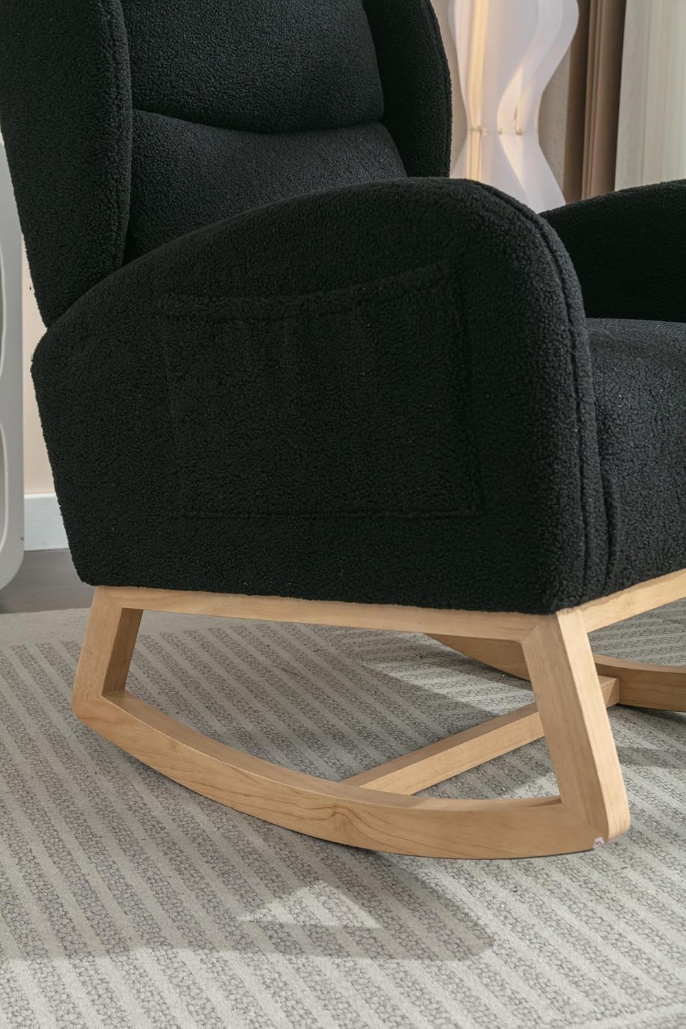 Nursery Glider Chair - Wingback Teddy Upholstered Rocking Chair with High Backrest, Ergonomic Rocker Chair for Breastfeeding & Baby Room, Modern Accent Armchair for Living Room & Bedroom, Black