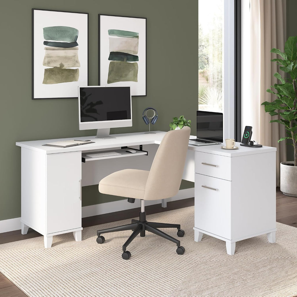 Bush Home 60-Inch L-Shaped Desk with Storage, Corner Computer Office Desk with Drawers and Storage Cabinet, Home Office Furniture, Somerset Collection, White