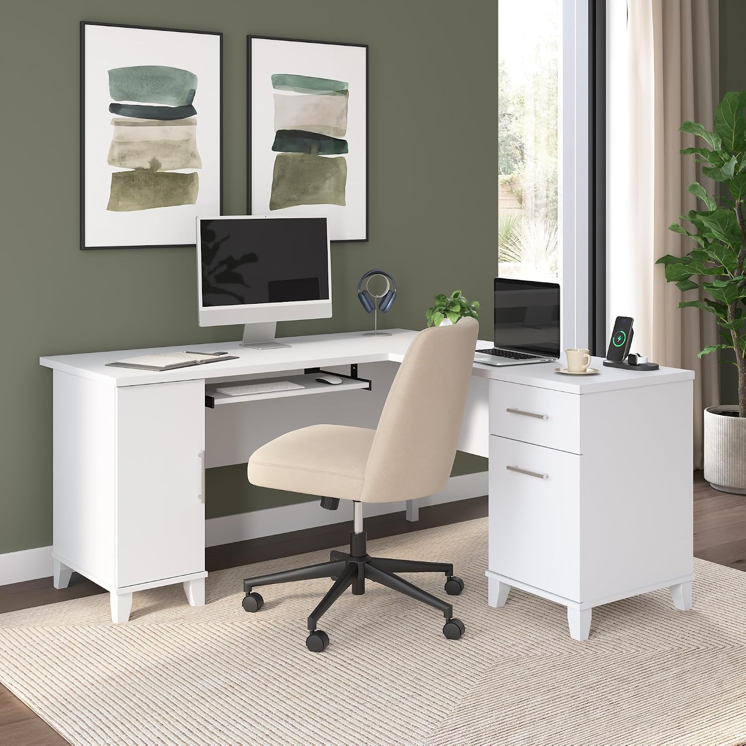 Bush Home 60-Inch L-Shaped Desk with Storage, Corner Computer Office Desk with Drawers and Storage Cabinet, Home Office Furniture, Somerset Collection, White
