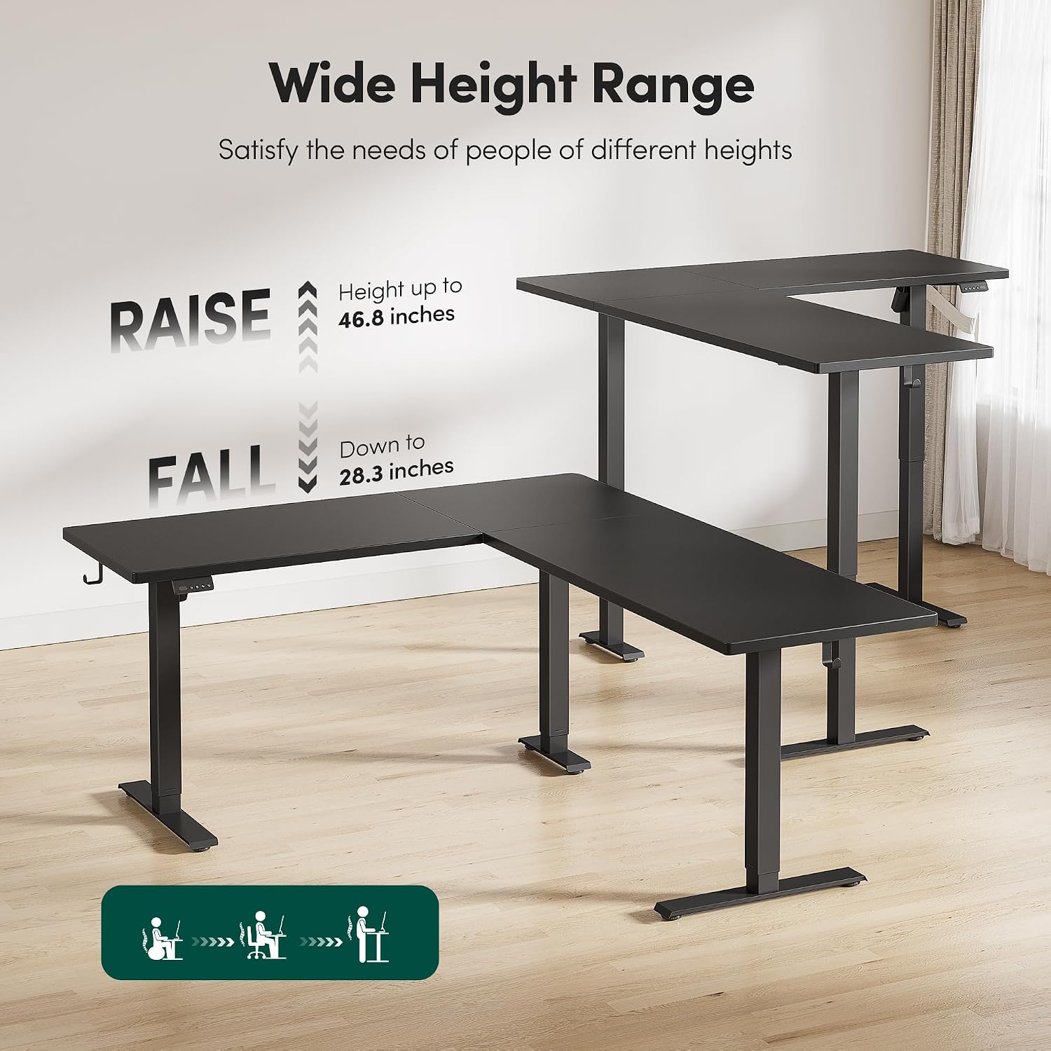 FEZIBO 75' x 63' L Shaped Standing Desk Adjustable Height, 75 Inch Electric Stand up Corner Computer Desk, Sit Stand Home Office Desk with Splice Board, Black