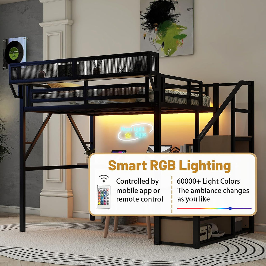 Full Size Loft Bed with Stairs & Desk, Metal High Gaming Loft Bed Full Frame with Storage Shelves, RGB Light & Charging Station, Heavy-Duty Beds with Closet for Adults,Teens, Kids, Black