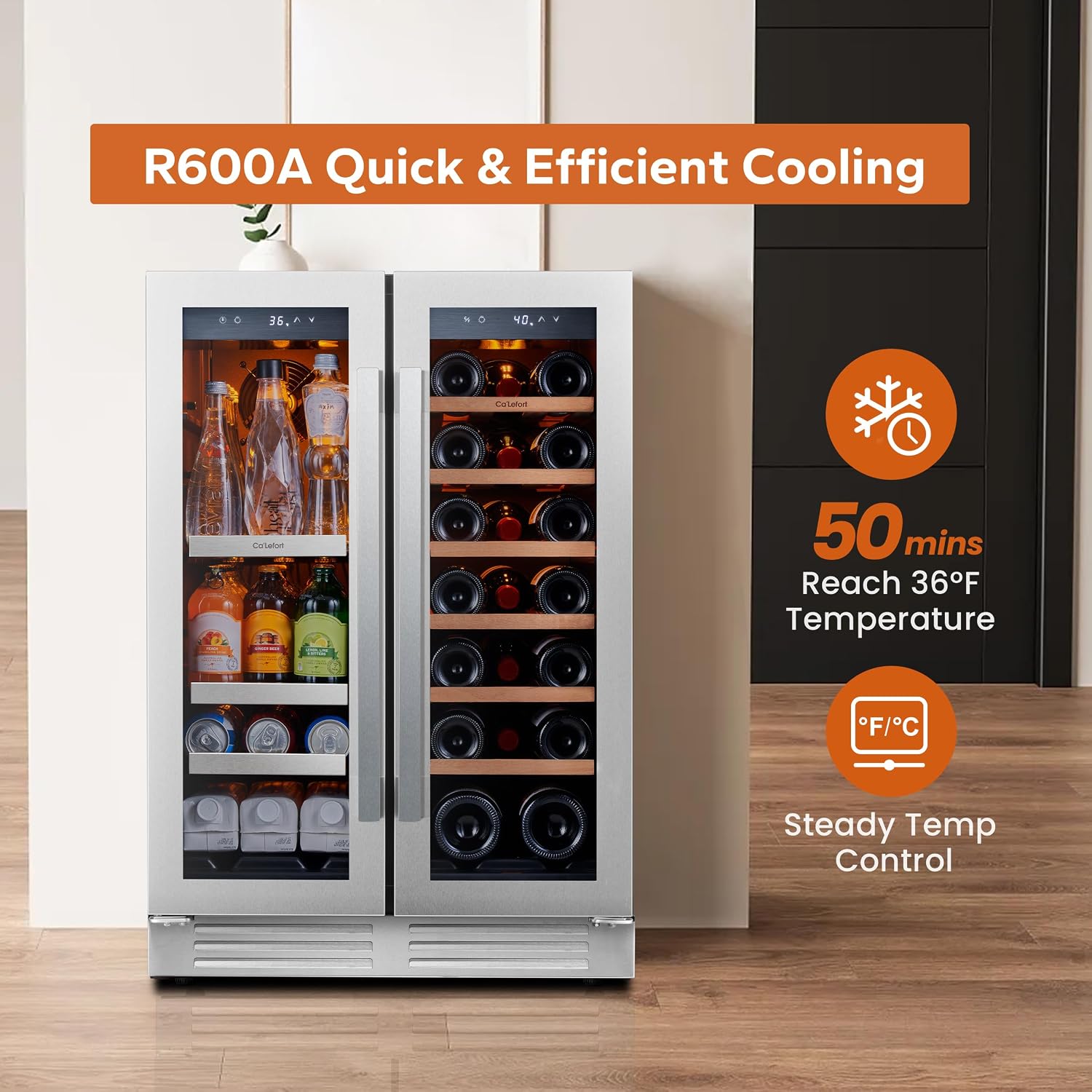 Ca'Lefort 24in Wine Fridge & Beverage Refrigerator with 3 Color LED Lights, Independent Dual Temp Zone Mini Fridge, Built-in/Freestanding Cooler for Wine/Beer Lovers, for Home, Kitchen, Office, Bar