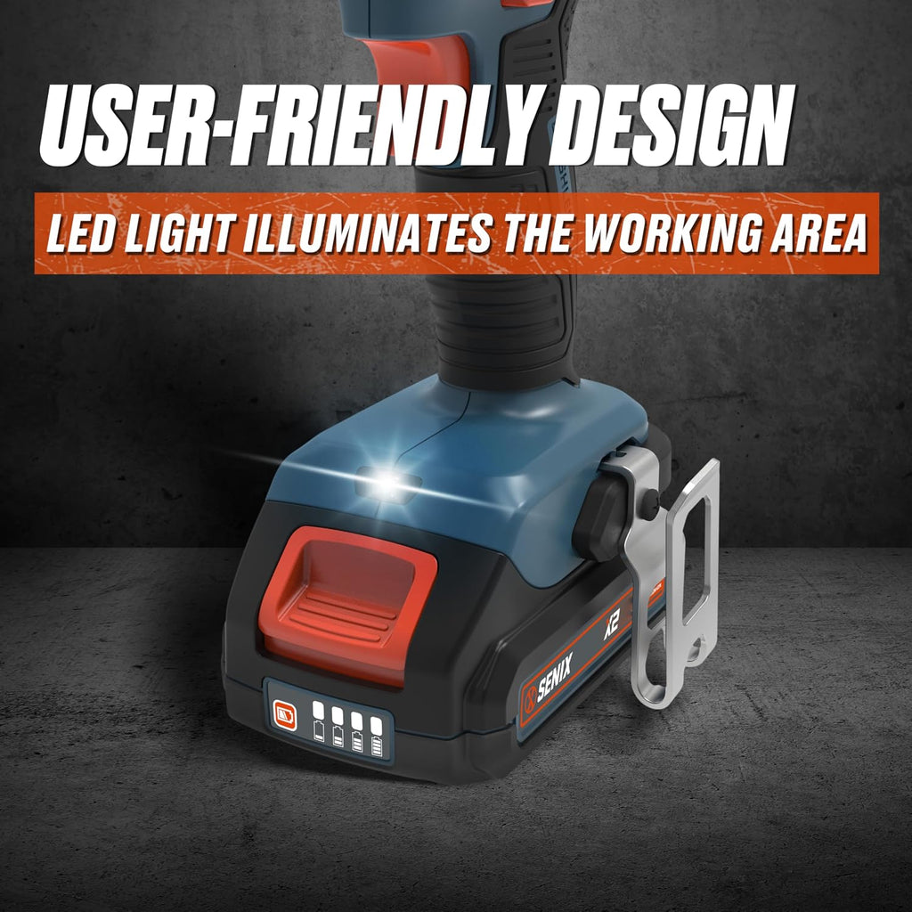 SENIX X2 20 Volt Max* Cordless 1/2-Inch Hammer Drill Driver with Brushless Motor, Power Tool Kit Includes Storage Bag, 2.0 Ah Battery,Charger,Safety Glasses (PDHX2-M2)