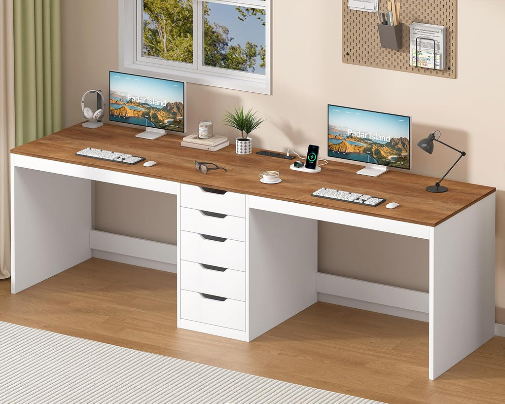 YOMILUVE 2 Person Desk with 5 Drawers and Power Outlets, 78.7 Inch Long Computer Desk with Storage File Cabinet, Two Person Home Office Double Desk with Storage, Brown and White
