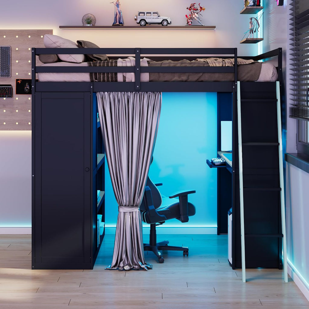 Full Gaming Loft Bed with Wardrobe & Desk & Charging Station & RGB Light,Esports Wood Loft Bed Frame with Storage Shelves,Curtains and DIY Pegboard,Space Saving,No Box Spring Needed,Black Blue