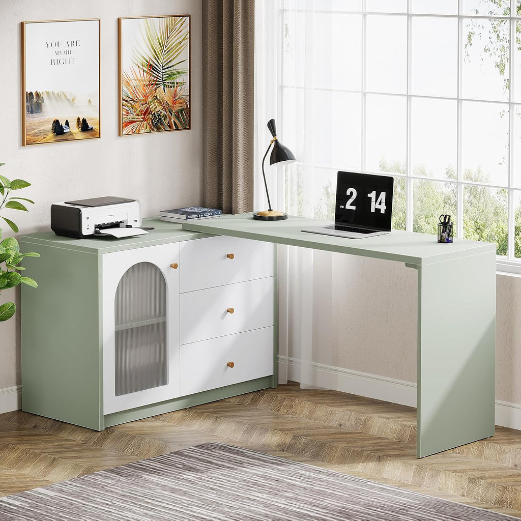 Tribesigns L-Shaped Computer Desk with Drawers, Modern Corner Home Office Desk with Reversible Storage Cabinet, Long Study Writing Desk Workstation for Home Office, Cyan & White