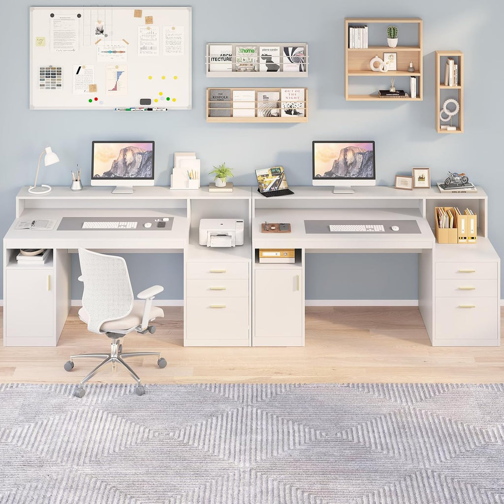 YOMILUVE Computer Desk with 3 Drawer & Storage Shelves, Home Office Desk with File Drawer & Cabinet, Writing Study Table with Long Monitor Stand & Printer Shelf, Executive Desk, White