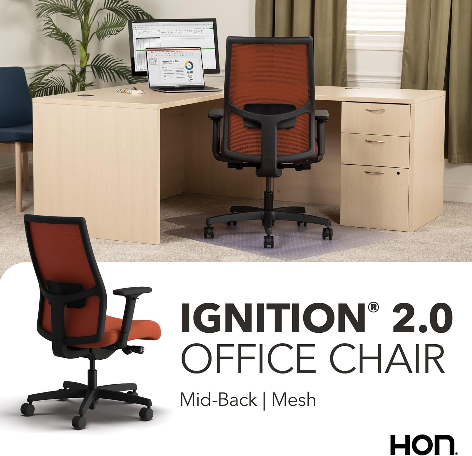 HON Ignition 2.0 Mid‑Back Ergonomic Office Chair, Mesh Task Seating with Lumbar Support, Advanced Synchro‑Tilt, Height and Width Adjustable Arms, Black Frame, Salamander