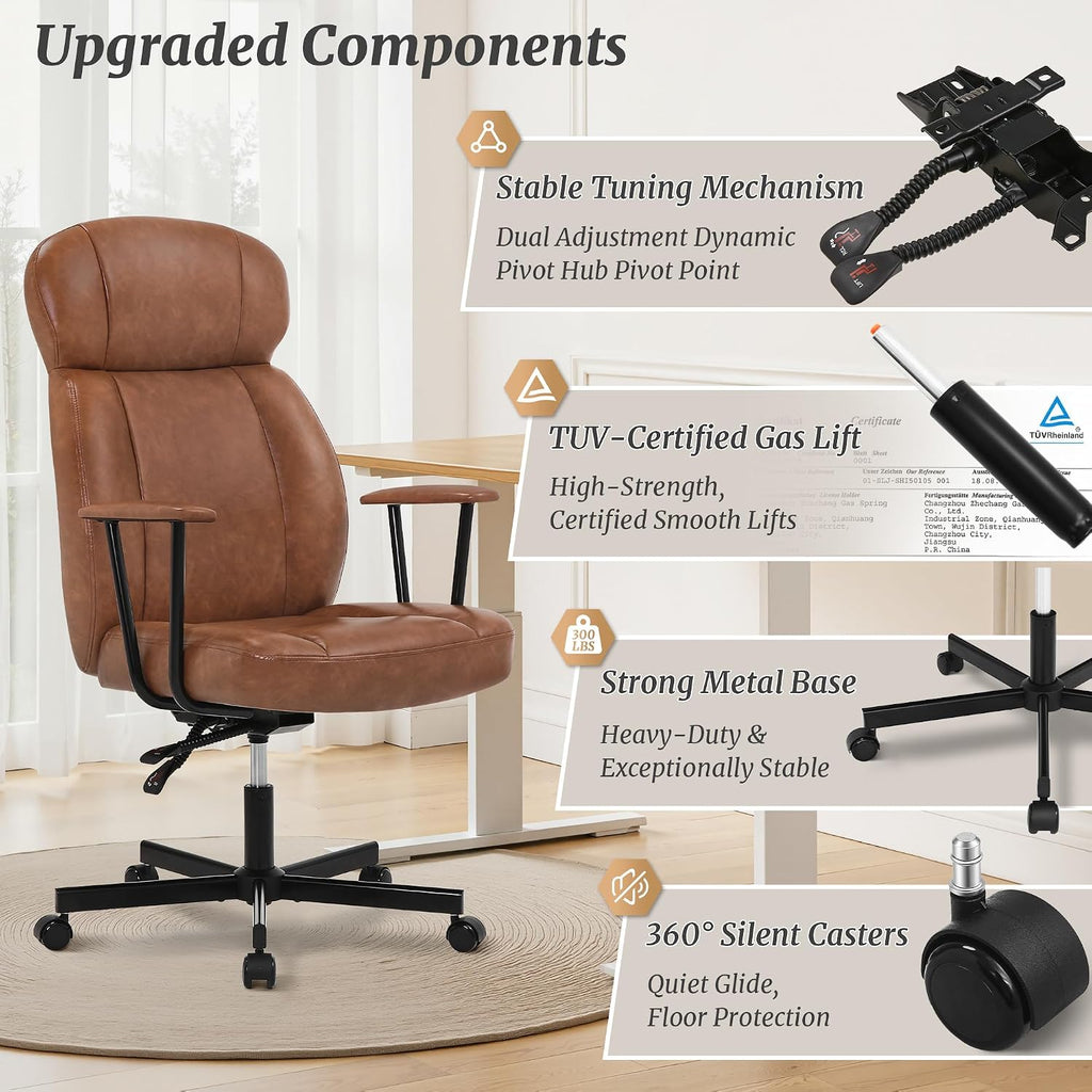 Cozyman Ergonomic PU Leather Home Office Chair, High Back Executive Desk Chair with 5-Layer Cushion, 95-135° Reclining Back, Lumbar Support, Adjustable Height, 360° Swivel for Home Office Task, Brown