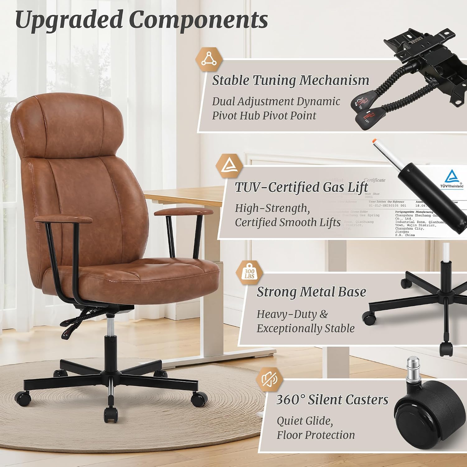 Cozyman Ergonomic PU Leather Home Office Chair, High Back Executive Desk Chair with 5-Layer Cushion, 95-135° Reclining Back, Lumbar Support, Adjustable Height, 360° Swivel for Home Office Task, Brown