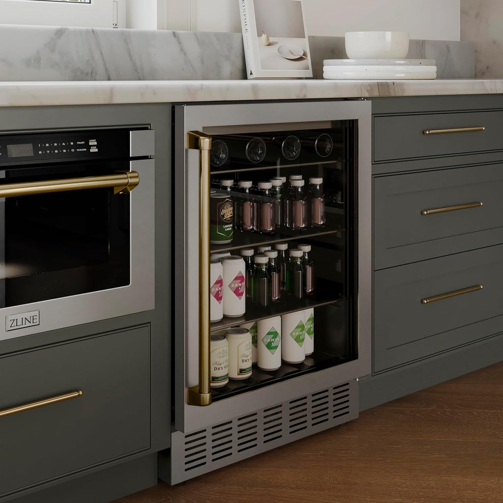 Z Line Kitchen and Bath ZLINE 24' Autograph Edition 154 Can Beverage Cooler Fridge with Adjustable Shelves in Stainless Steel with Champagne Bronze Accents (RBVZ-US-24-CB)