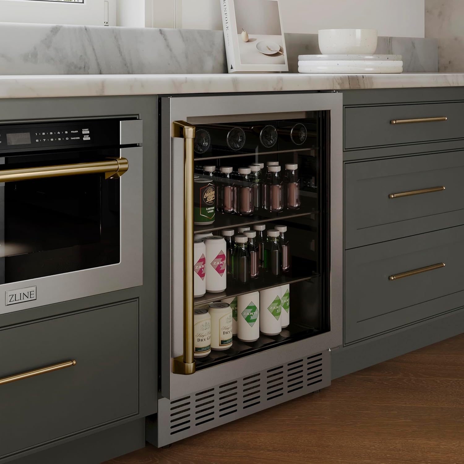 Z Line Kitchen and Bath ZLINE 24' Autograph Edition 154 Can Beverage Cooler Fridge with Adjustable Shelves in Stainless Steel with Champagne Bronze Accents (RBVZ-US-24-CB)