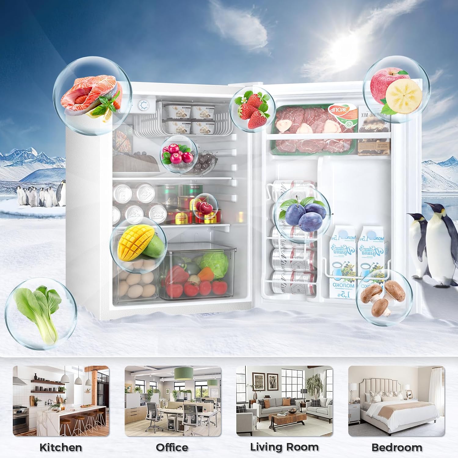 Antarctic Star Mini Compact Refrigerator with Freezer, 2.6 Cu.Ft. Single Door Adjustable Removable Shelves for Apartment/Dorm/Office,WHITE