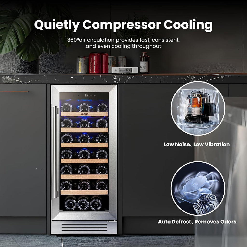 Yeego Wine Fridge Cooler - 15 Inch Wine Fridge Hold 33 Bottles, 40-65°F Wine Refrigerator Glass Door, Built in, Freestanding Under Counter Fridge for Beer Soda Drink Home Bar Office