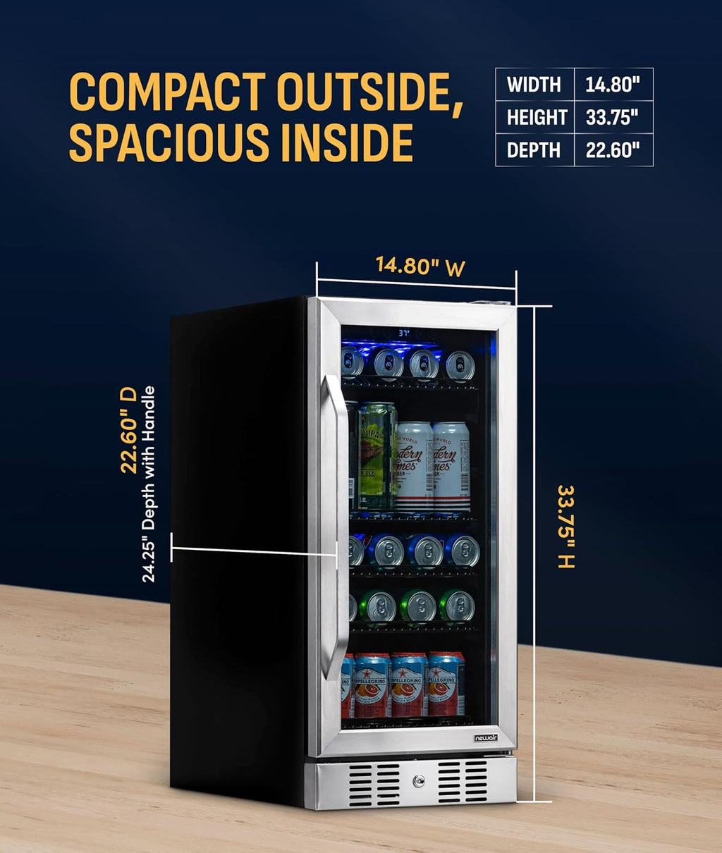 NewAir 96 Can Built-In Beverage Refrigerator | 15' Small Mini Fridge for Bedroom, Home Bar or Office | Quiet Cooling & Precise Temperature Control | Stainless Steel