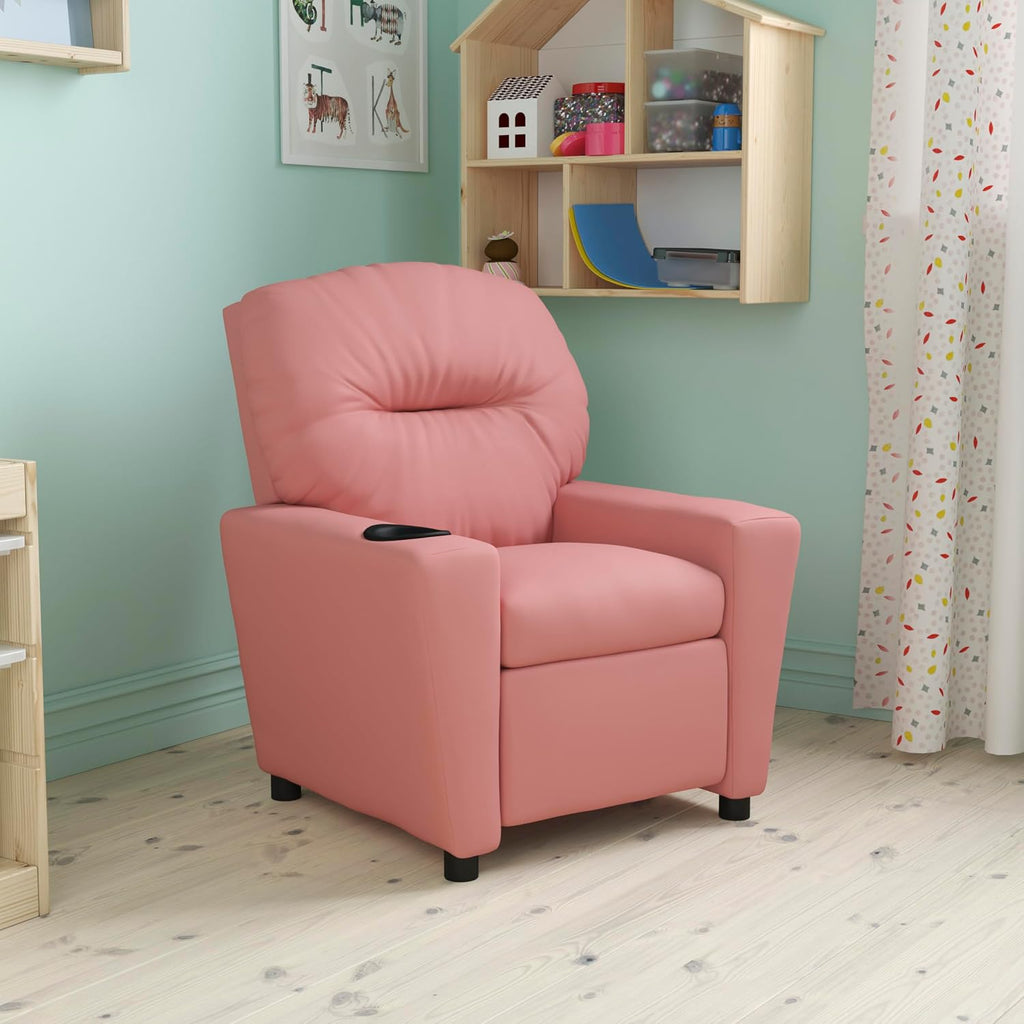 EMMA + OLIVER Pink Vinyl Kids Recliner with Cup Holder