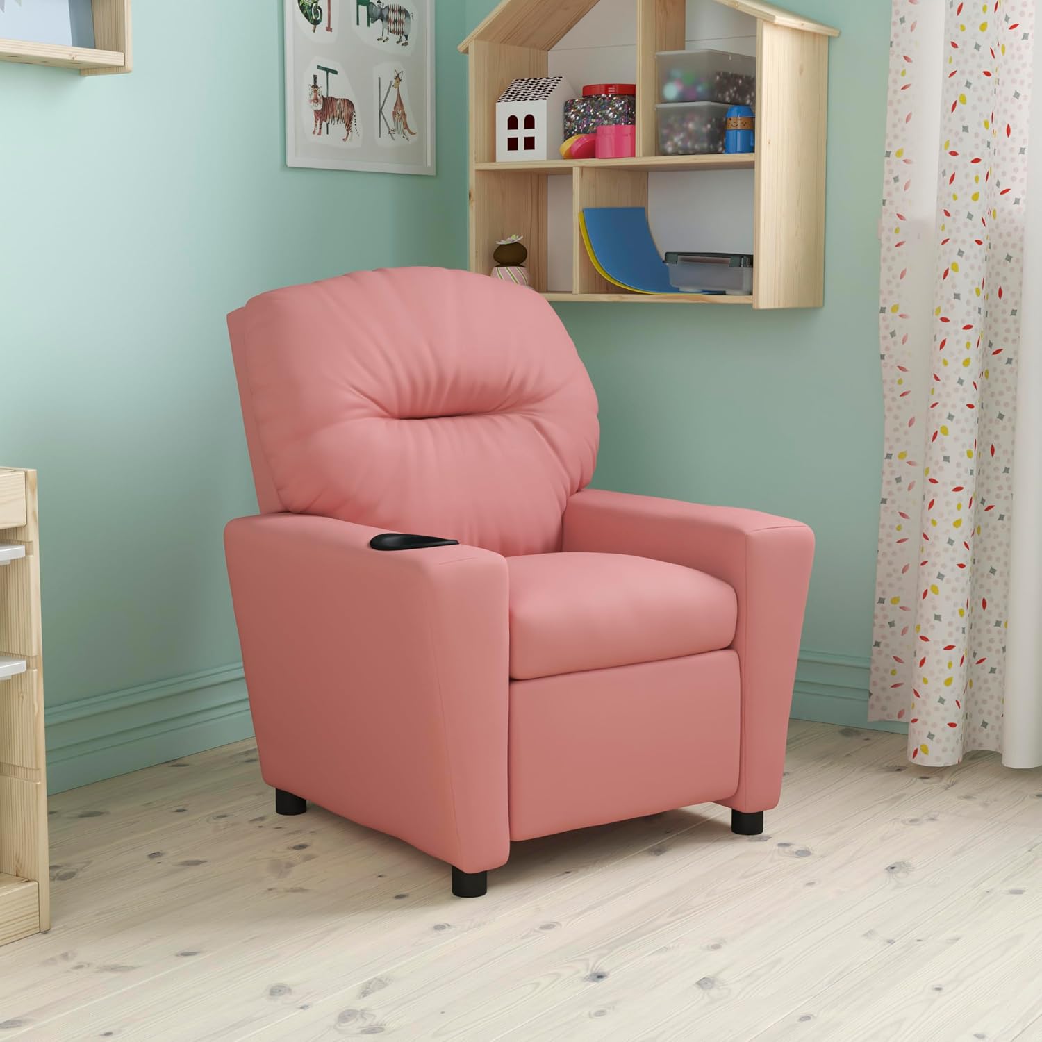 EMMA + OLIVER Pink Vinyl Kids Recliner with Cup Holder
