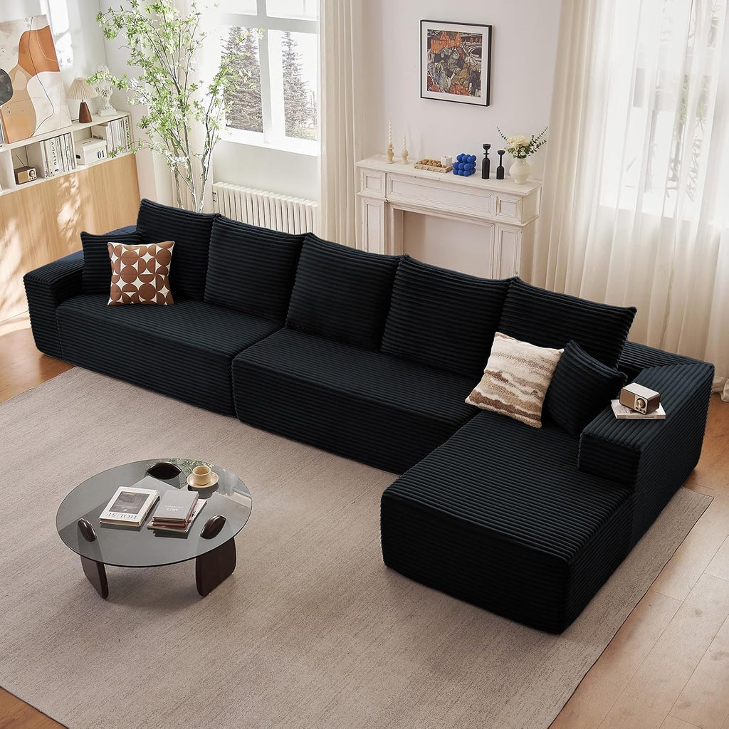 166.9' Cloud Sectional Couch with L-Shape Chaise, Upholstered Corduroy Couches Sleeper with Deep Seat, Modern Modular Comfy Sofa Chaise Longue for Living Room Bedroom, No Assembly Required, Black