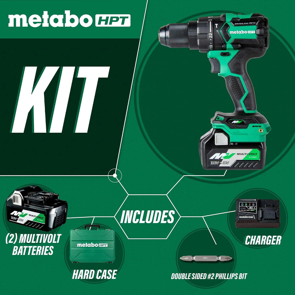 Metabo HPT 36V MultiVolt™ Cordless Brushless 1/2' Hammer Drill Kit, Power Drill Kit with Lithium-Ion Metabo Batteries , Case and Charger, Compact Lightweight Power Tool, DV36DC