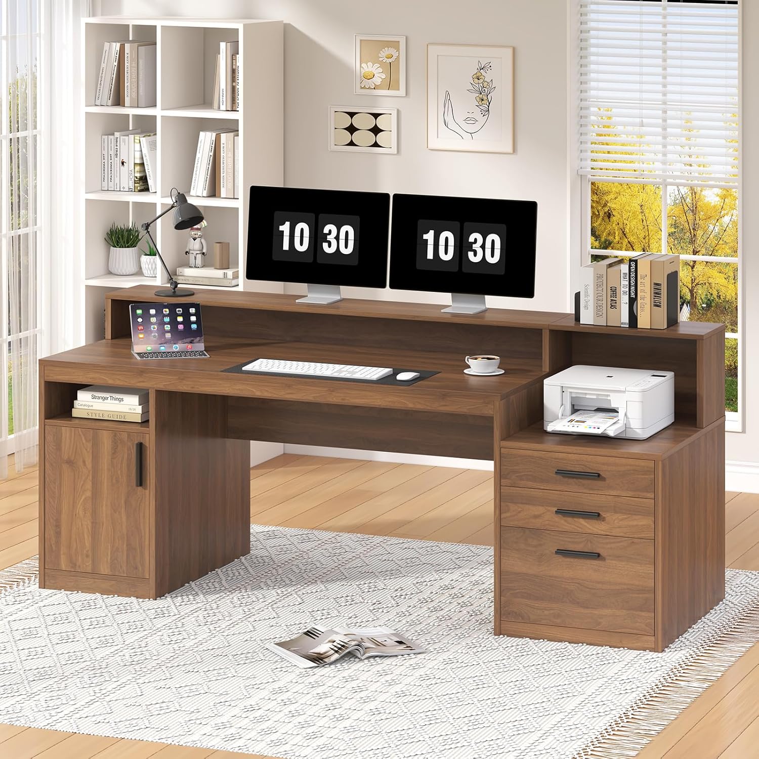 YOMILUVE Computer Desk with 3 Drawers & Storage Shelves, 65 Inch Home Office Desk with File Drawer & Cabinet, Writing Study Desks with Monitor Stand & Printer Shelf, Executive Desk, Brown