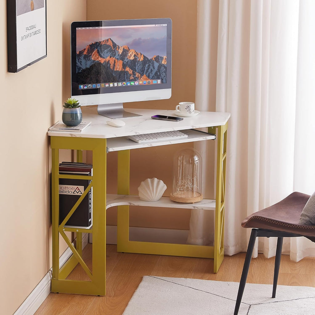 VECELO Corner Desk Computer Desk Writing Table with Smooth Keyboard Tray&Storage Shelves for Small Spaces/Compact Home Office Triangle Table,Gold & White